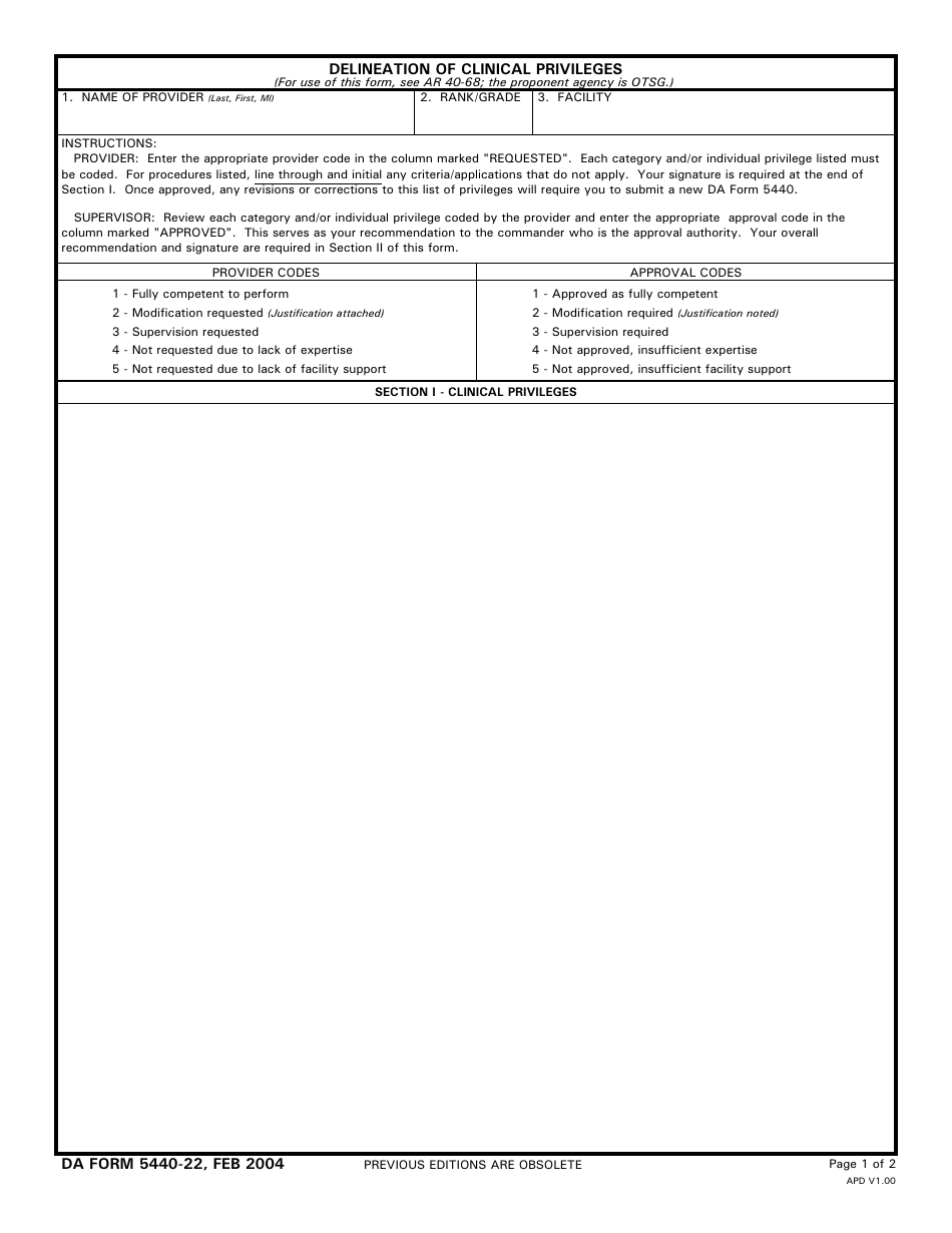 DA Form 5440-22 Delineation of Clinical Privileges, Page 1