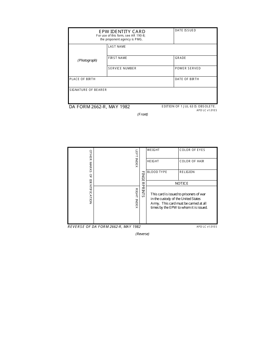 DA Form 2662-R United States Army Epw Identity Card (LRA), Page 1