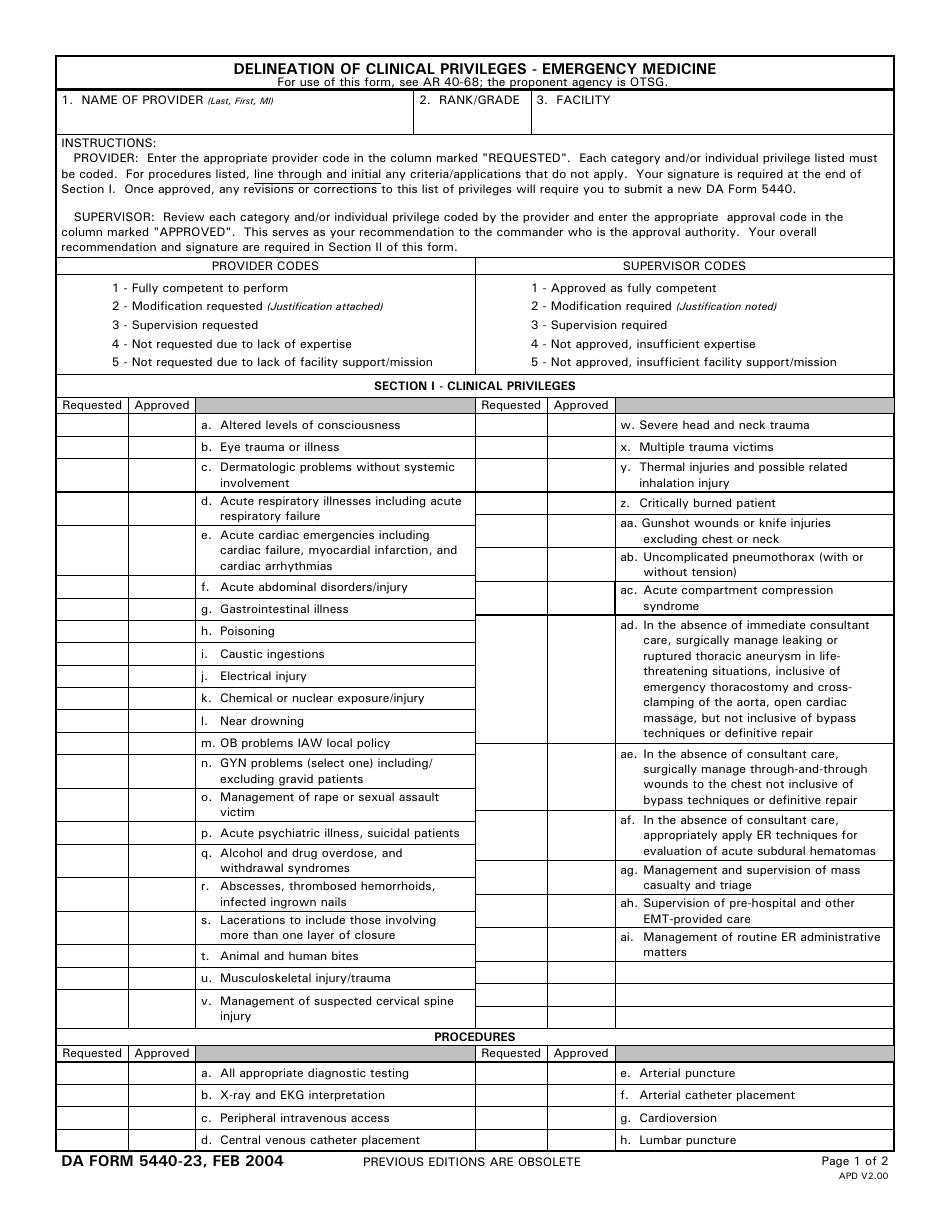 DA Form 5440-23 Delineation of Clinical Privileges - Emergency Medicine, Page 1