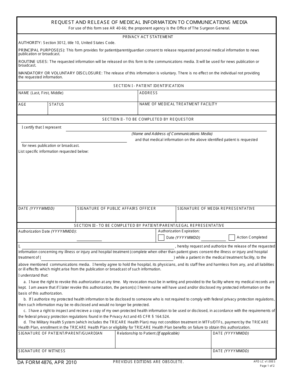 DA Form 4876 Request and Release of Medical Information to Communications Media, Page 1