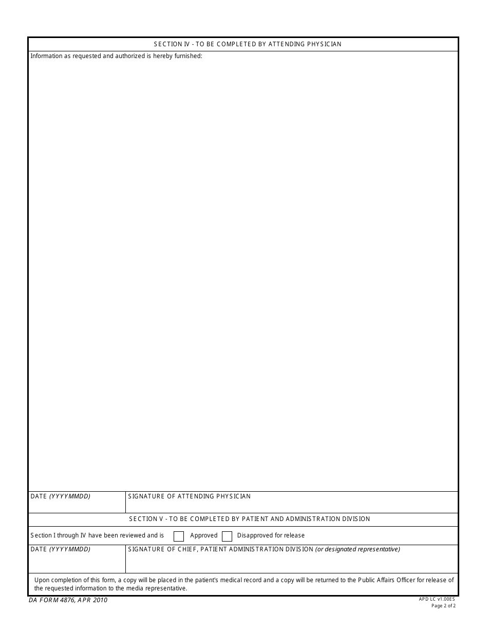 DA Form 4876 Request and Release of Medical Information to Communications Media, Page 2