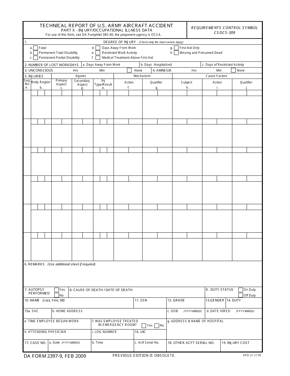 DA Form 2397-9 Technical Report of U.S. Army Aircraft Accident, Part X - Injury/Occupational Illness Data, Page 1