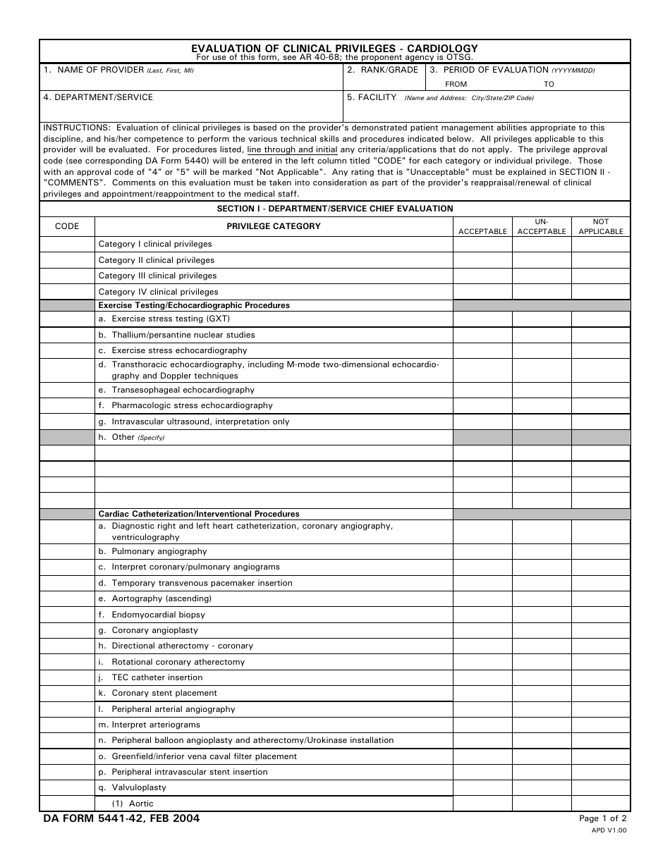 DA Form 5441-42 Evaluation of Clinical Privileges - Cardiology, Page 1