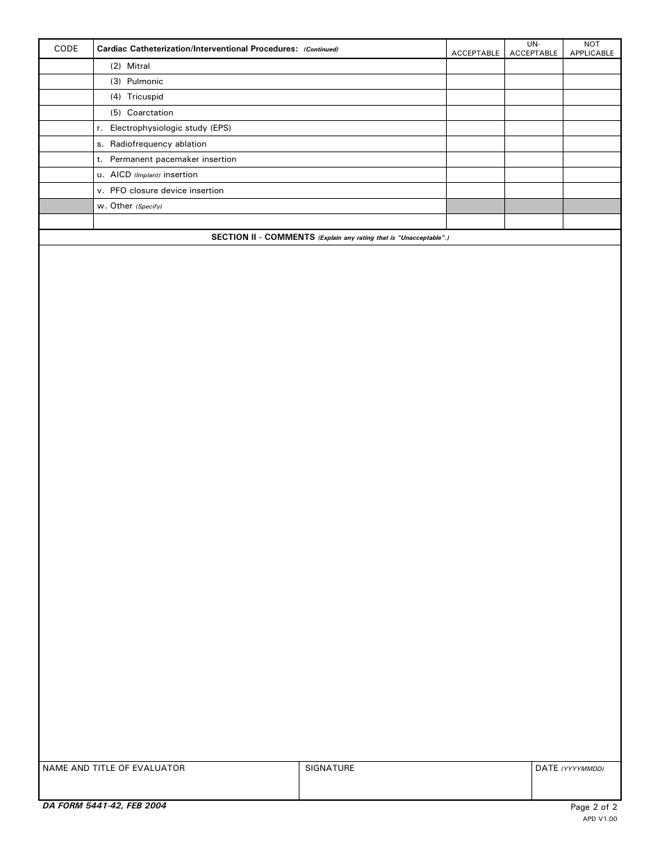 DA Form 5441-42 Evaluation of Clinical Privileges - Cardiology, Page 2