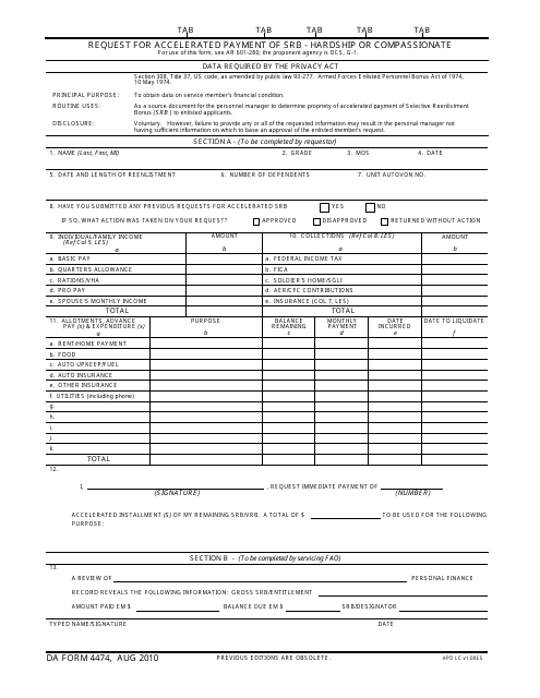 DA Form 4474  Printable Pdf