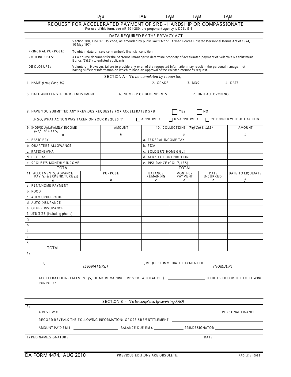 DA Form 4474 Request for Accelerated Payment of Srb - Hardship of Compassionate, Page 1
