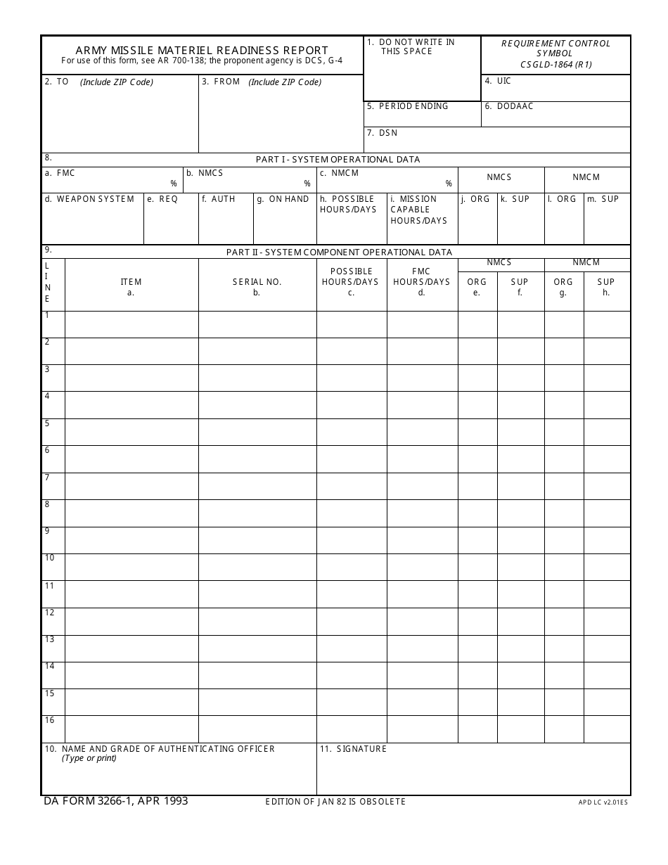 DA Form 3266-1 Army Missile Materiel Readiness Report, Page 1
