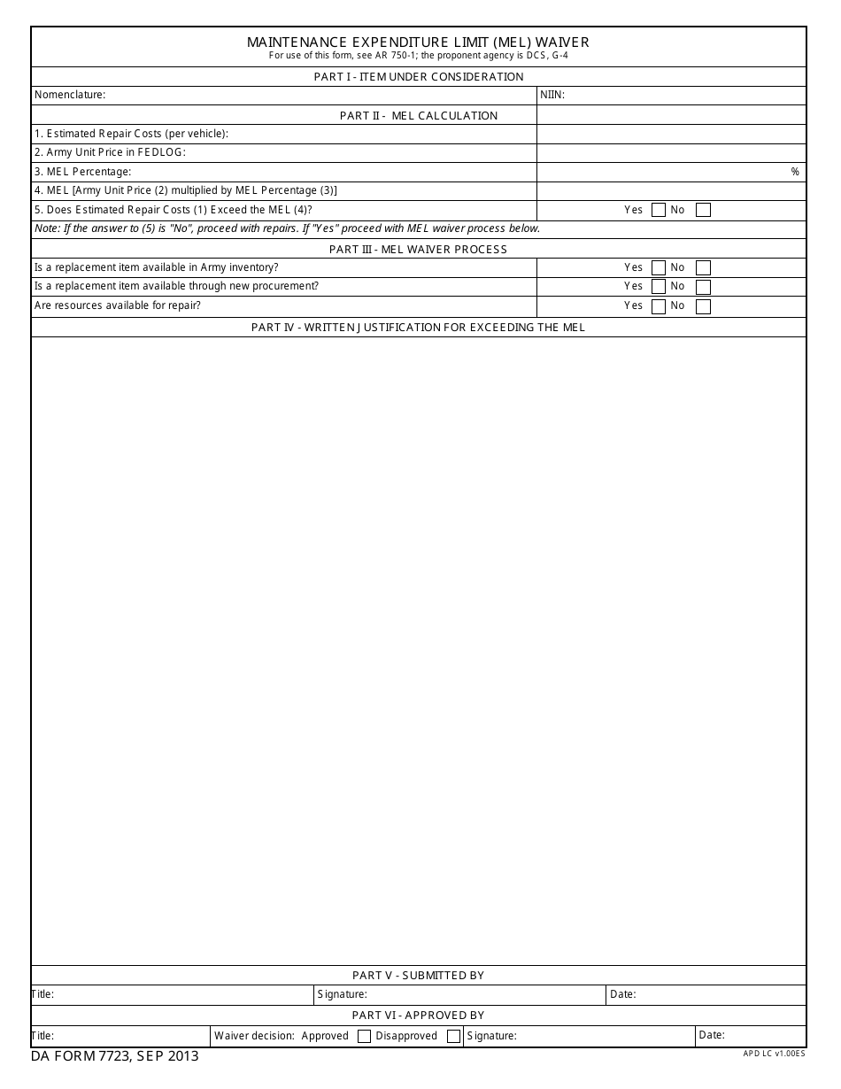 DA Form 7723 Maintenance Expenditure Limit (Mel) Waiver, Page 1