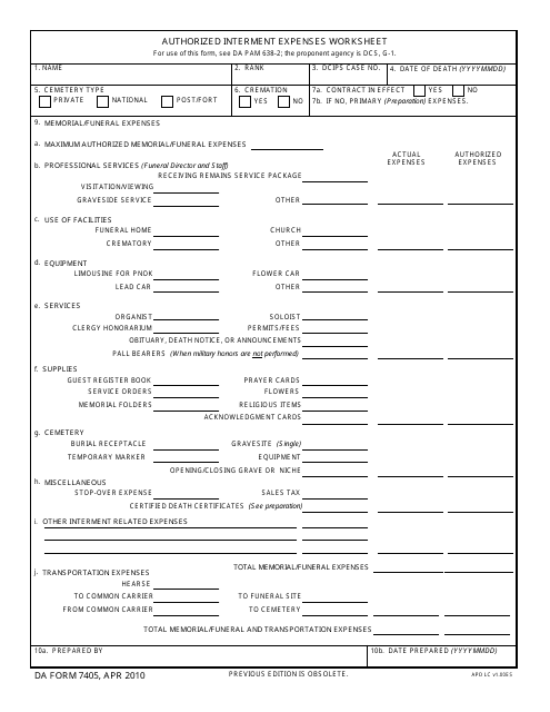 DA Form 7405  Printable Pdf