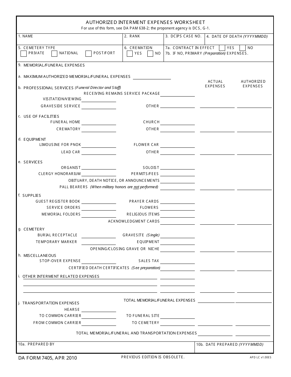 DA Form 7405 Authorized Interment Expenses Worksheet, Page 1