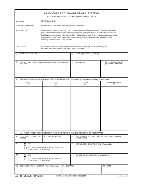 DA Form 4878  Printable Pdf