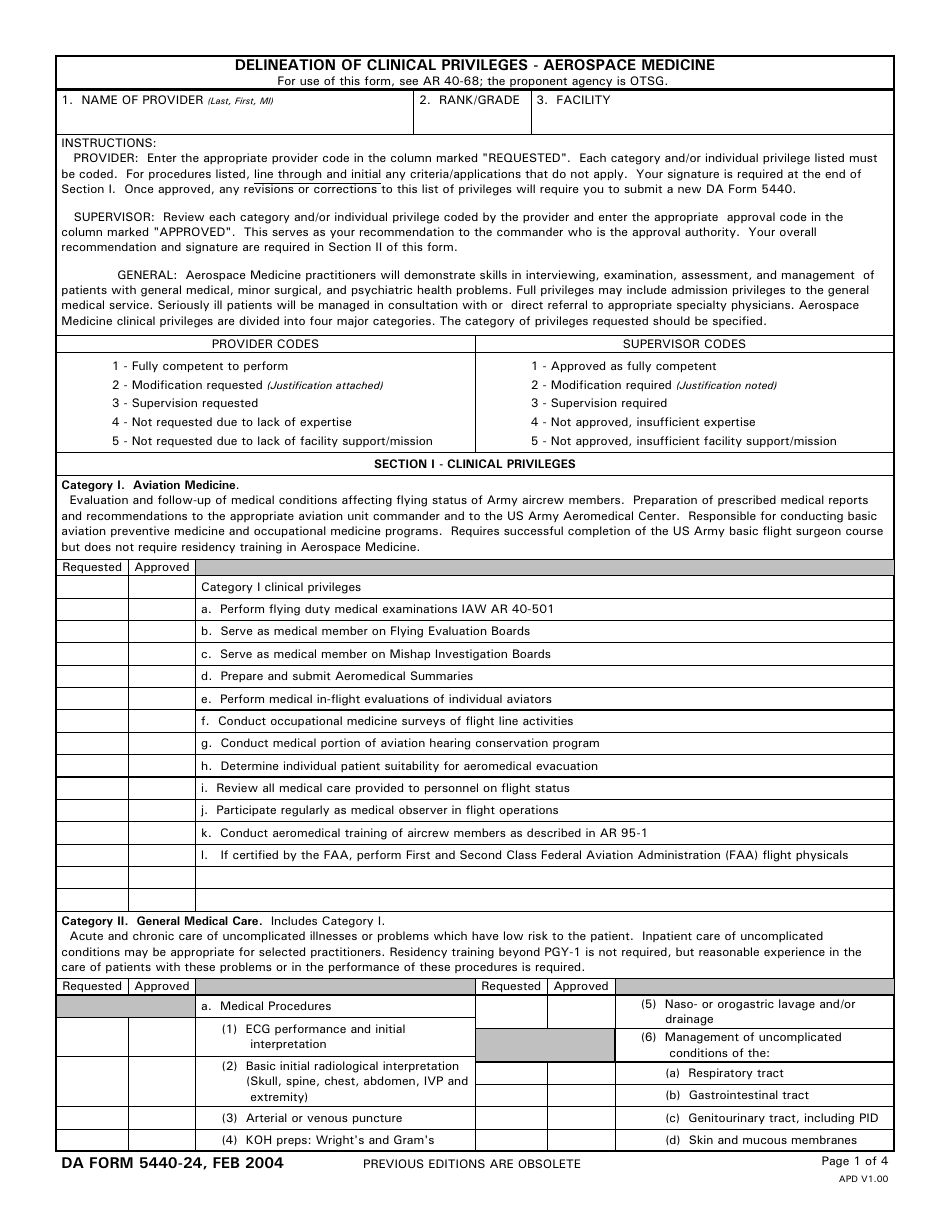 DA Form 5440-24 Delineation of Clinical Privileges - Aerospace Medicine, Page 1