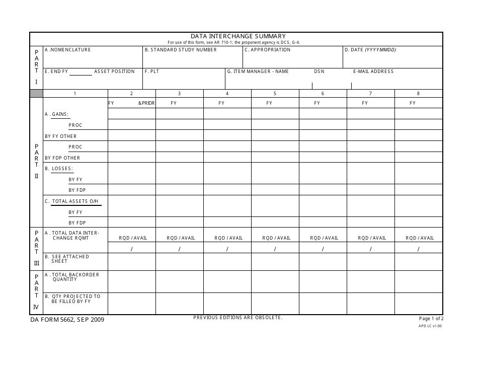 DA Form 5662 Data Interchange Summary, Page 1
