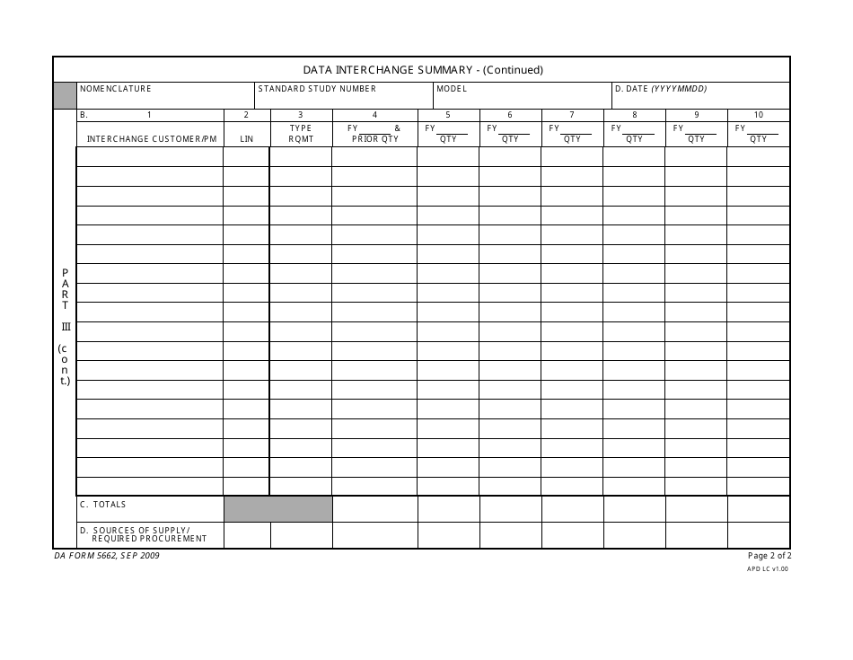 DA Form 5662 Data Interchange Summary, Page 2
