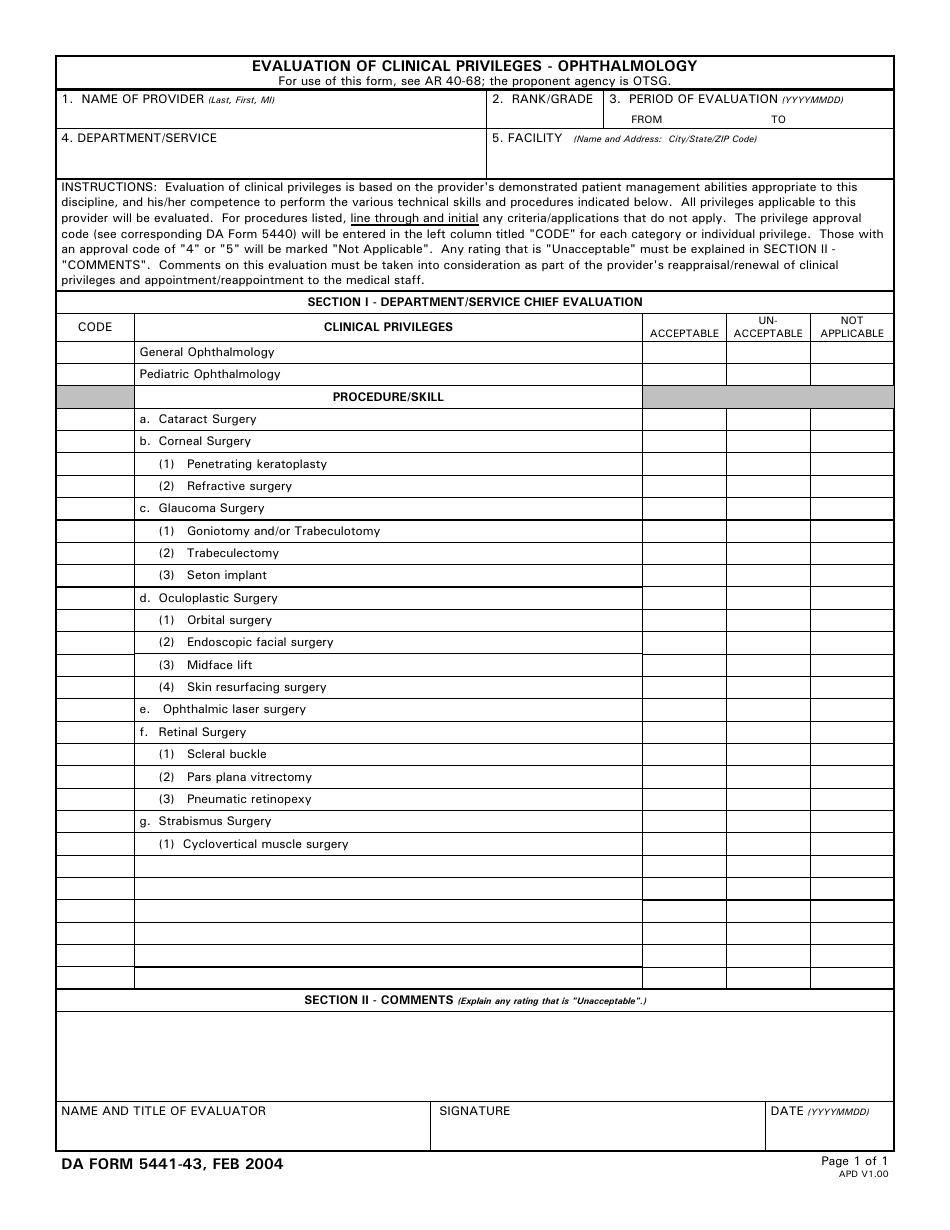 DA Form 5441-43 Evaluation of Clinical Privileges - Ophthalmology, Page 1