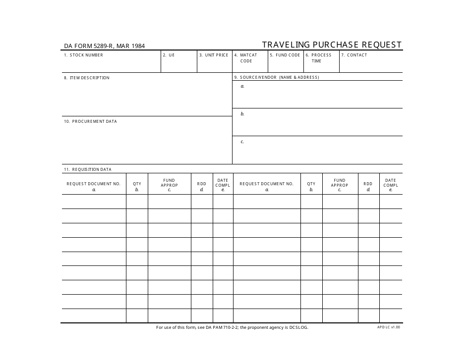 DA Form 5289-R Traveling Purchase Request (LRA), Page 1