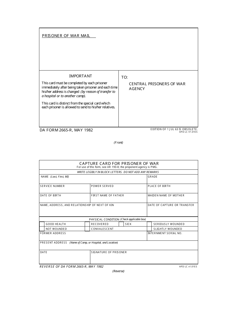 DA Form 2665-R Capture Card for Prisoner of War (LRA), Page 1