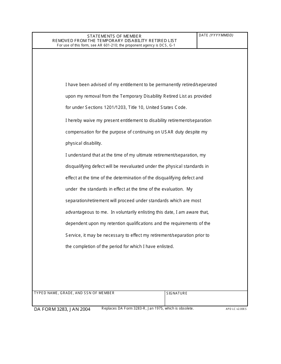 DA Form 3283 Statements of Member Removed From the Temporary Disability Retired List, Page 1