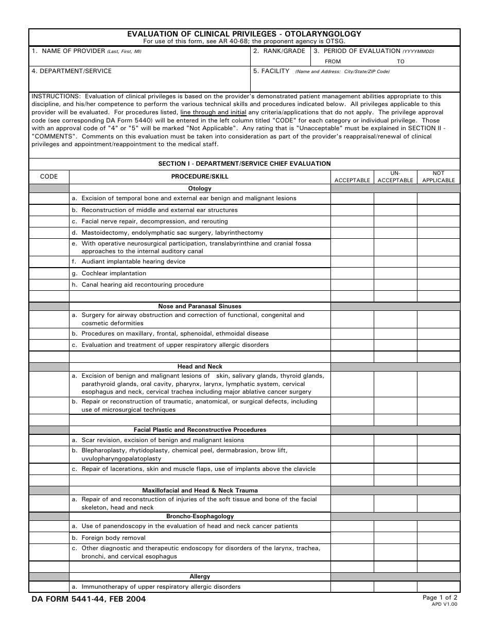 DA Form 5441-44 Evaluation of Clinical Privileges - Otolaryngology, Page 1