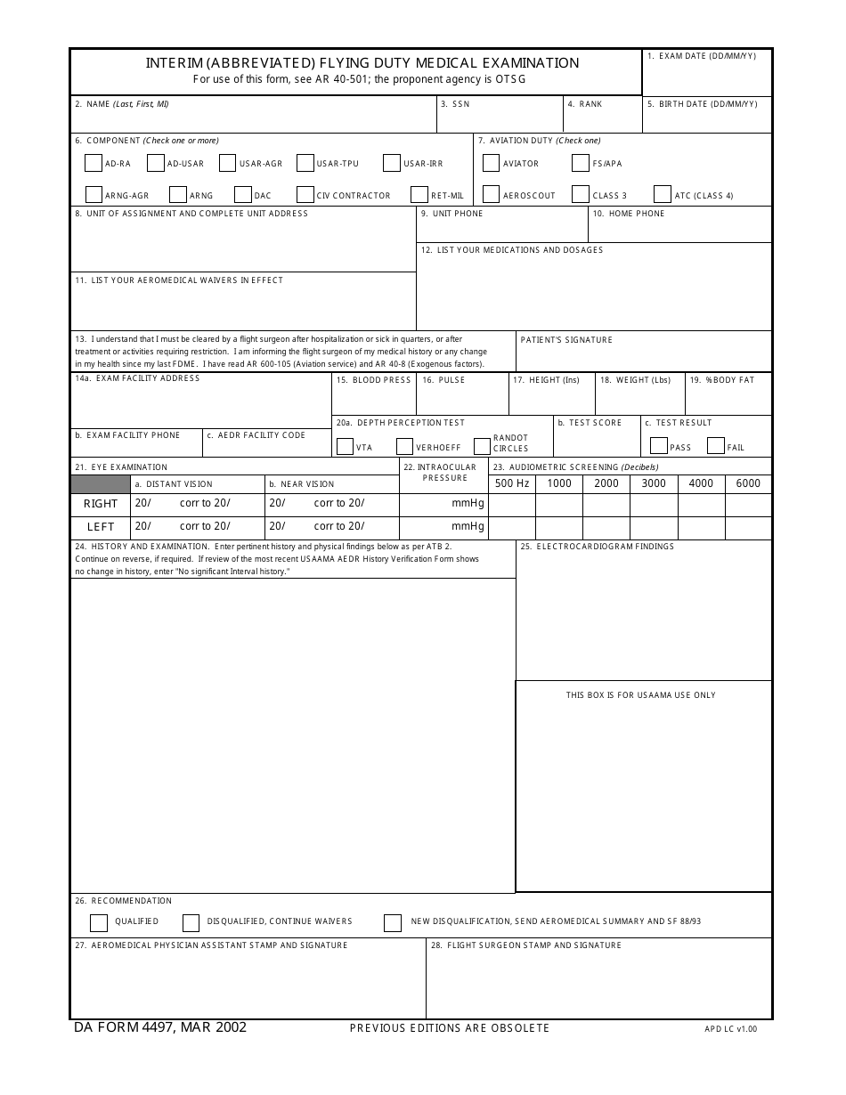 DA Form 4497 Interim (Abbreviated) Flying Duty Medical Examination, Page 1