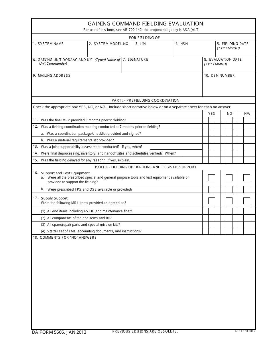 DA Form 5666 Gaining Command Fielding Evaluation, Page 1