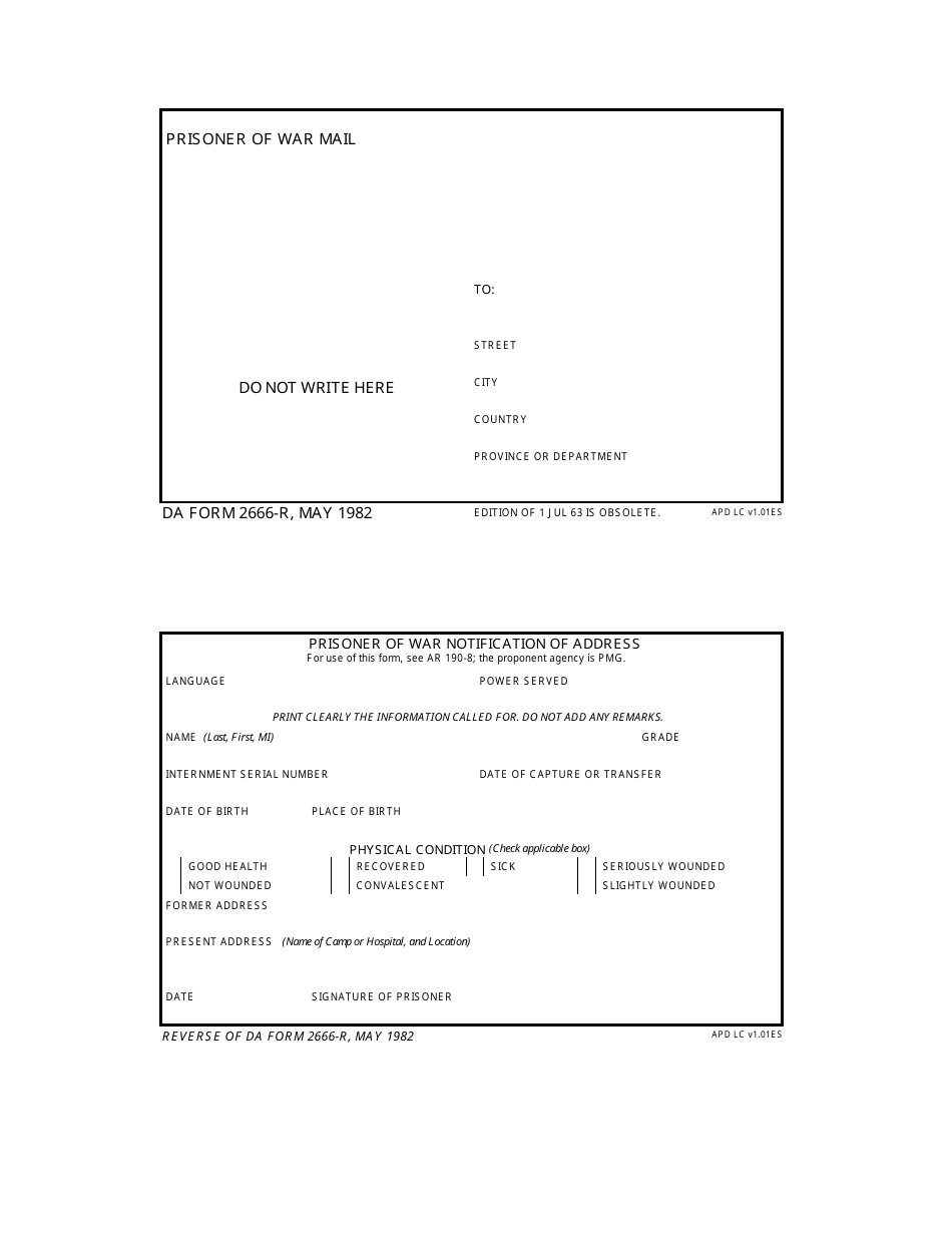 DA Form 2666-R Prisoner of War Notification of Address / Prisoner of War Mail, Page 1