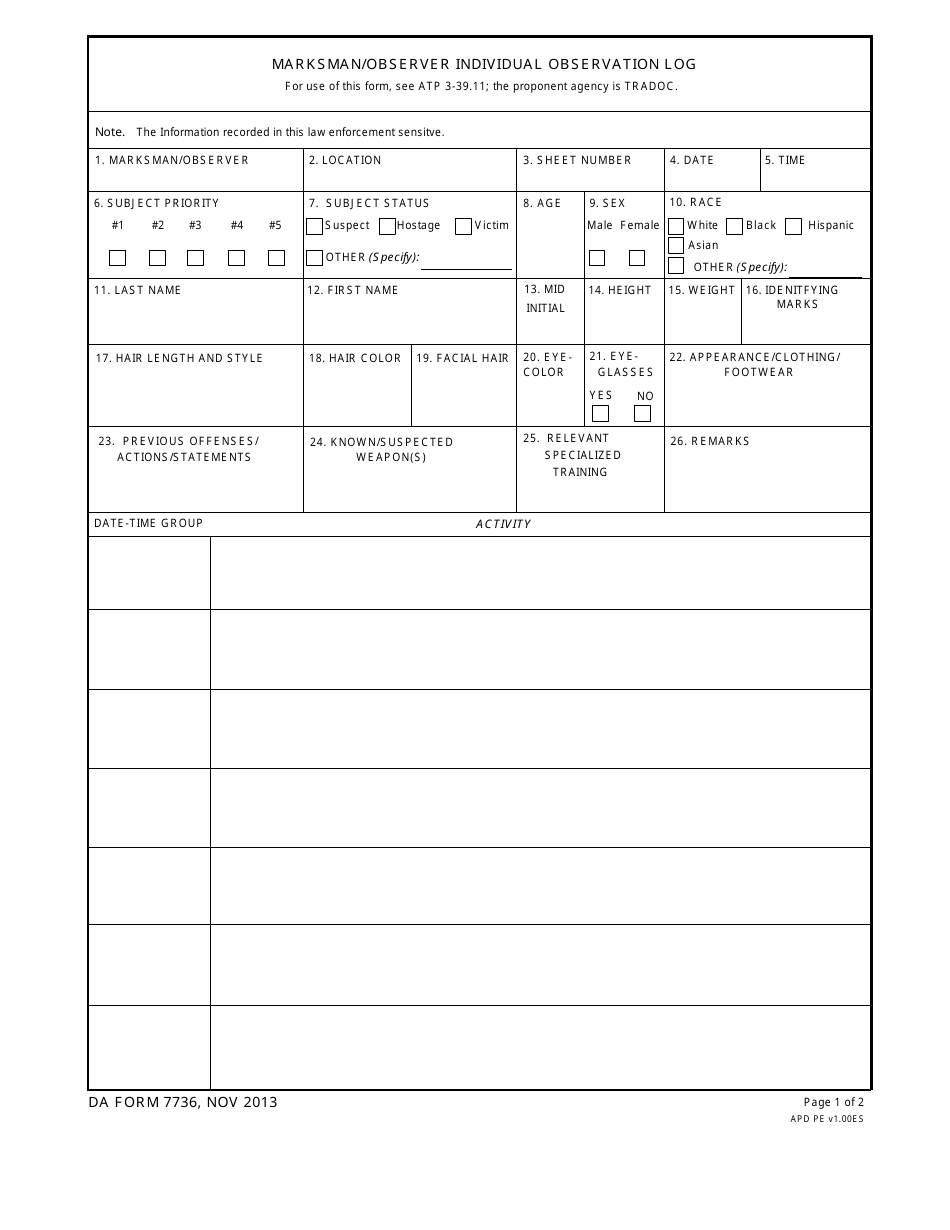 DA Form 7736 Marksman / Observer Individual Observation Log, Page 1