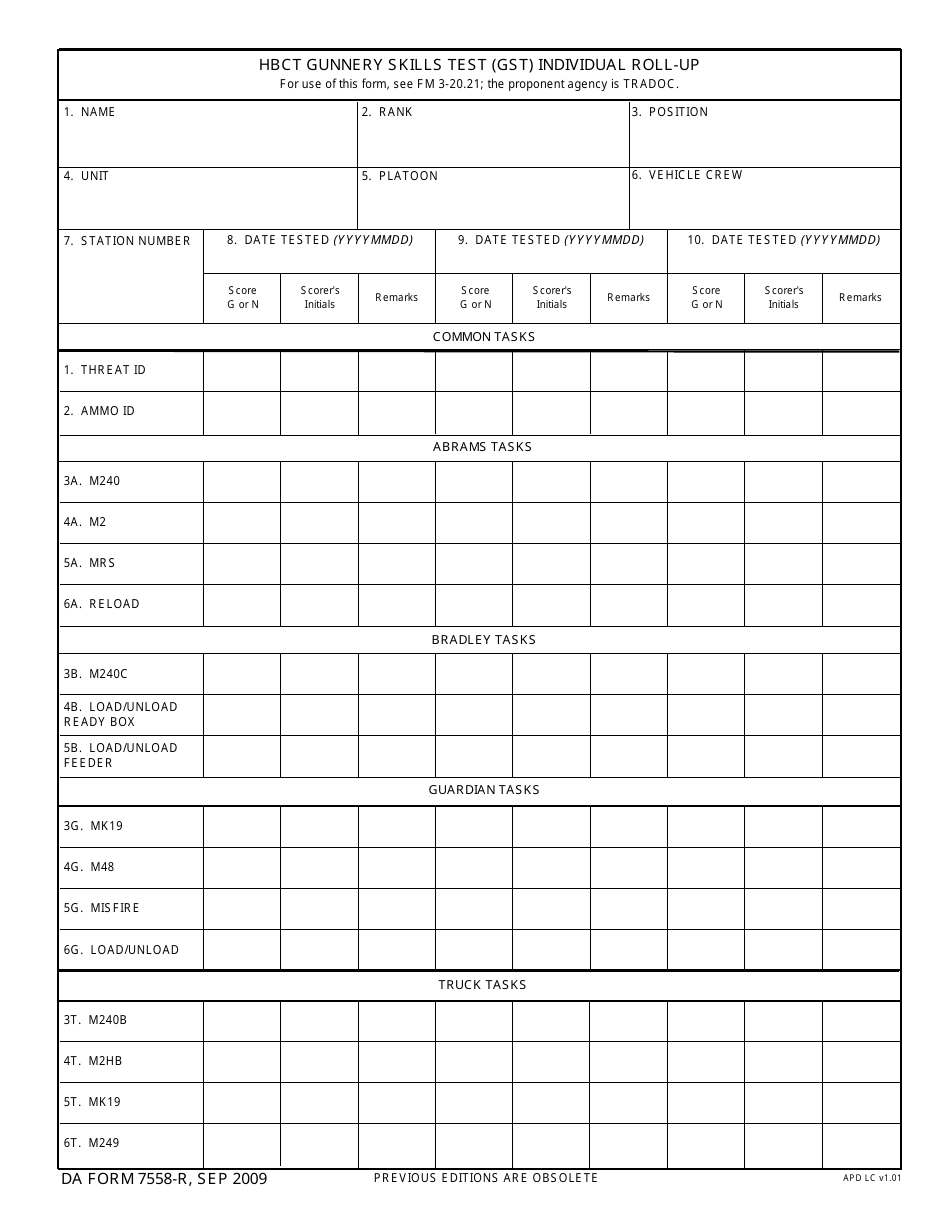 DA Form 7558-R Hbct Gunnery Skills Test (Gst) Individual Roll-Up, Page 1