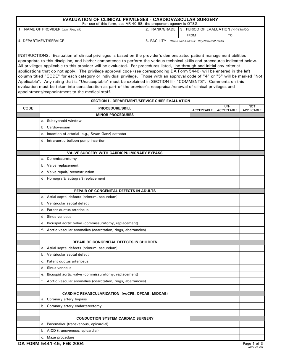 DA Form 5441-45 Evaluation of Clinical Privileges - Cardiovascular Surgery, Page 1