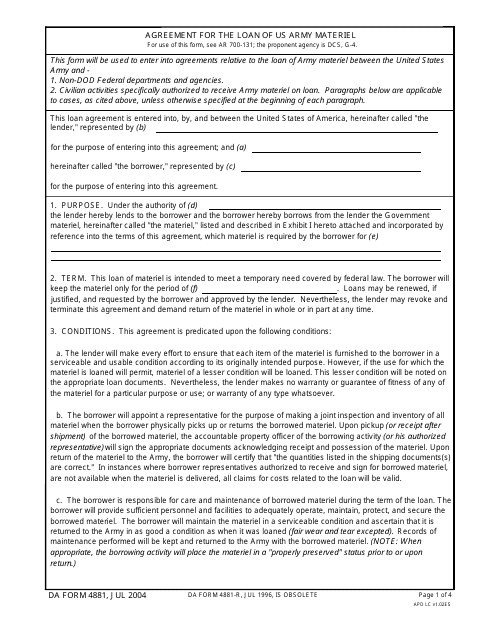 DA Form 4881 Agreement for the Loan of US Army Materiel