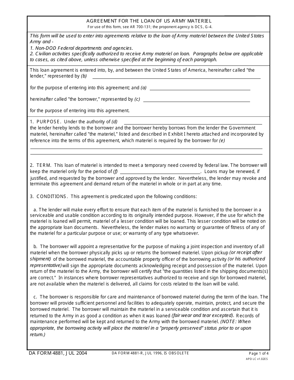 DA Form 4881 Agreement for the Loan of US Army Materiel, Page 1