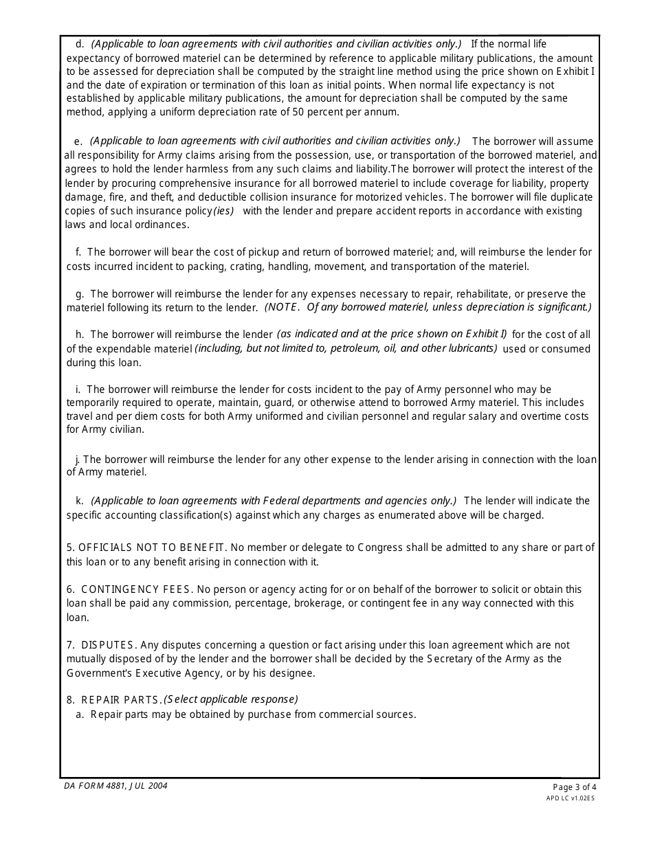 DA Form 4881 Agreement for the Loan of US Army Materiel, Page 3