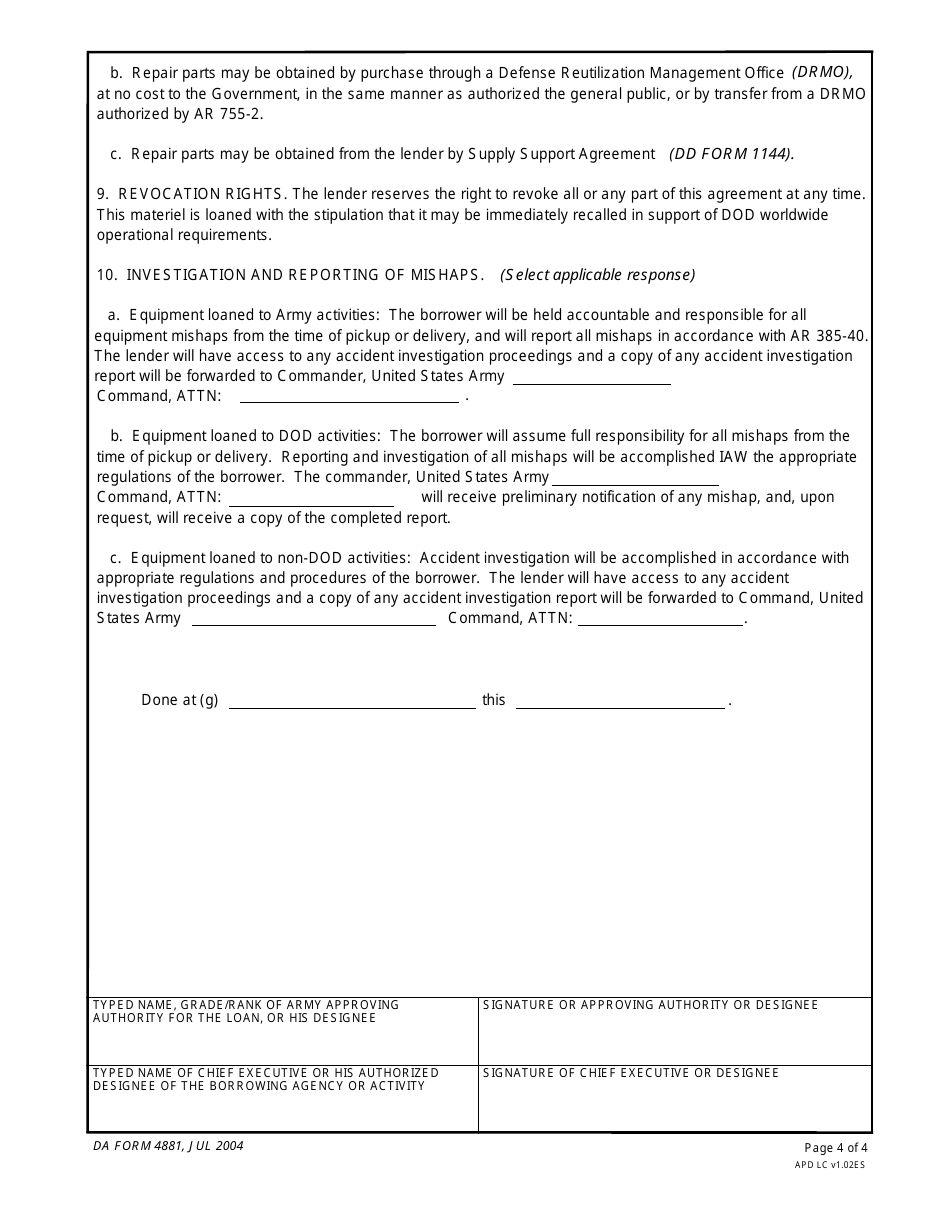 DA Form 4881 Agreement for the Loan of US Army Materiel, Page 4
