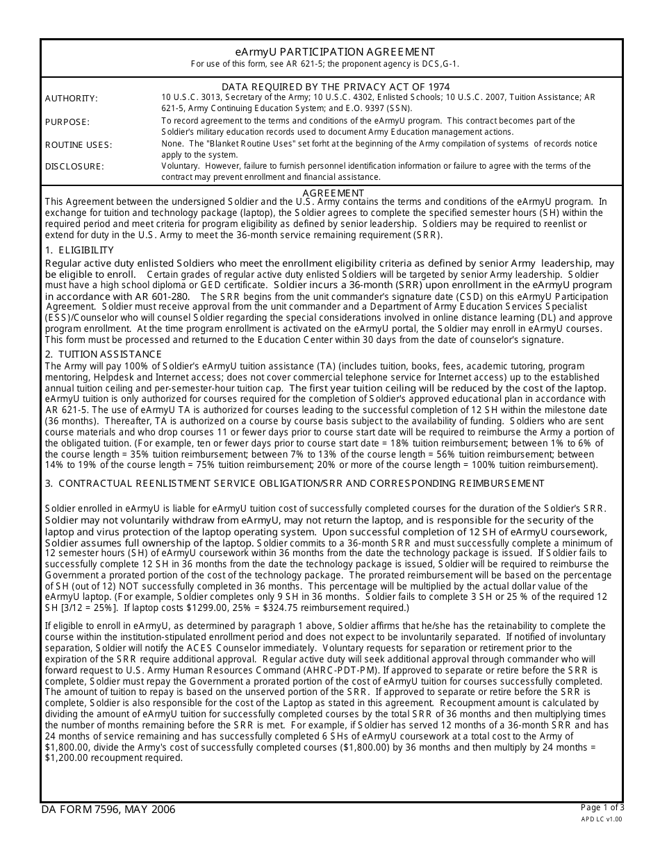 DA Form 7596 E Army U Participation Agreement, Page 1