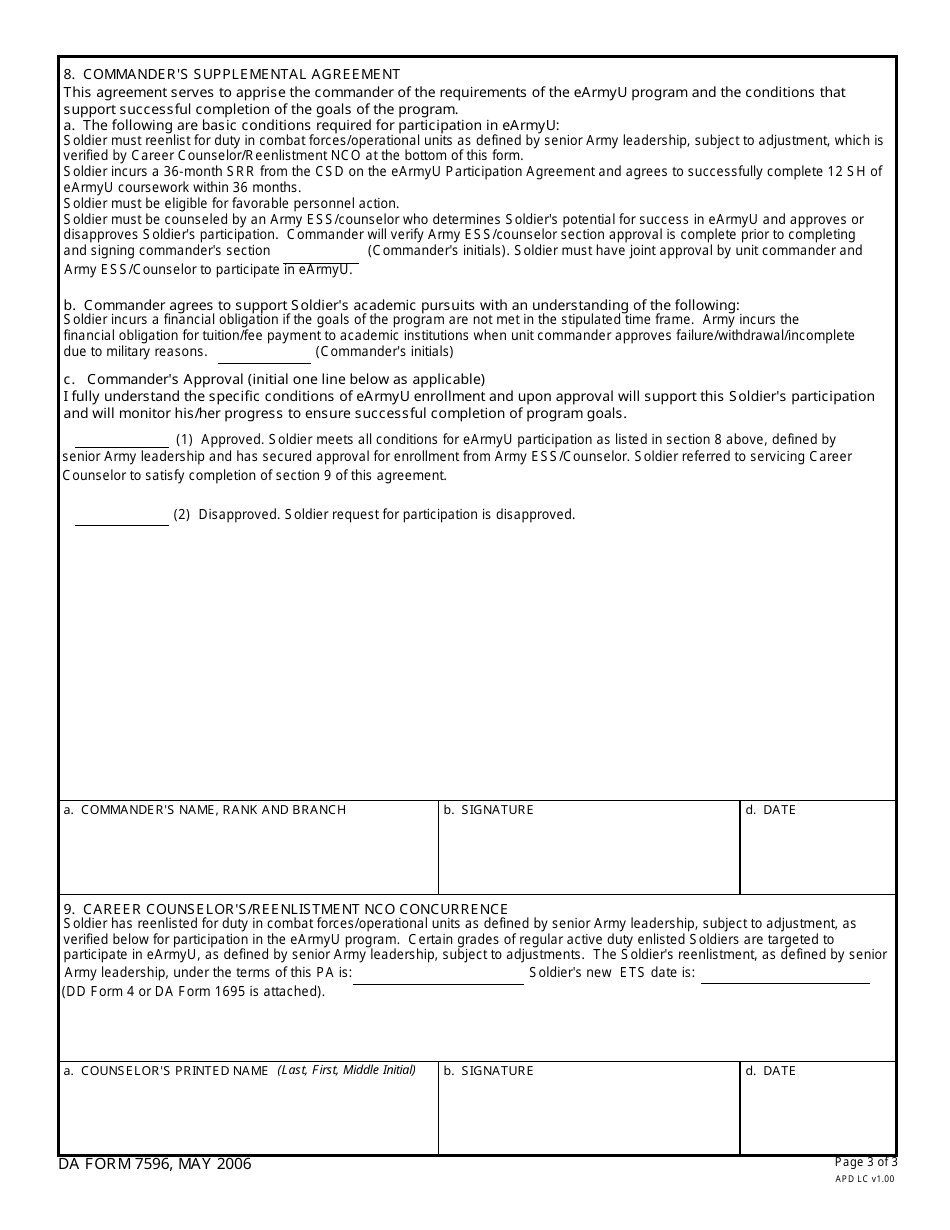 DA Form 7596 E Army U Participation Agreement, Page 3