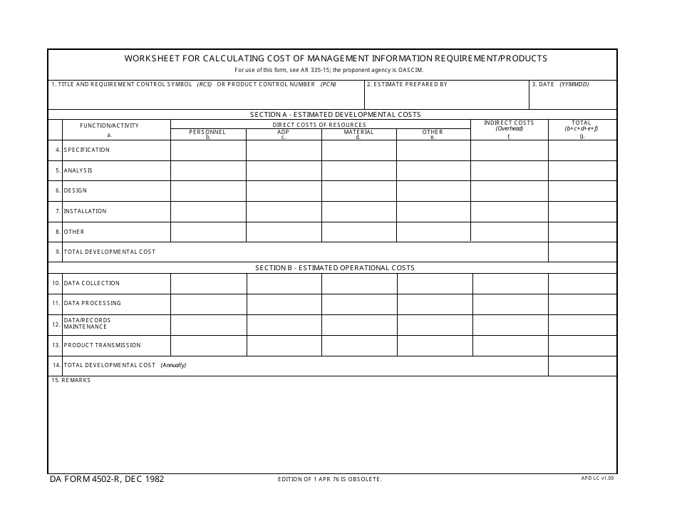 DA Form 4502-R Worksheet for Calculating Cost of Management Information Requirement / Products, Page 1