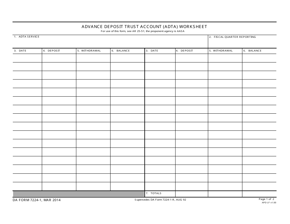 DA Form 7224-1 Advance Deposit Trust Account (Adta) Worksheet, Page 1