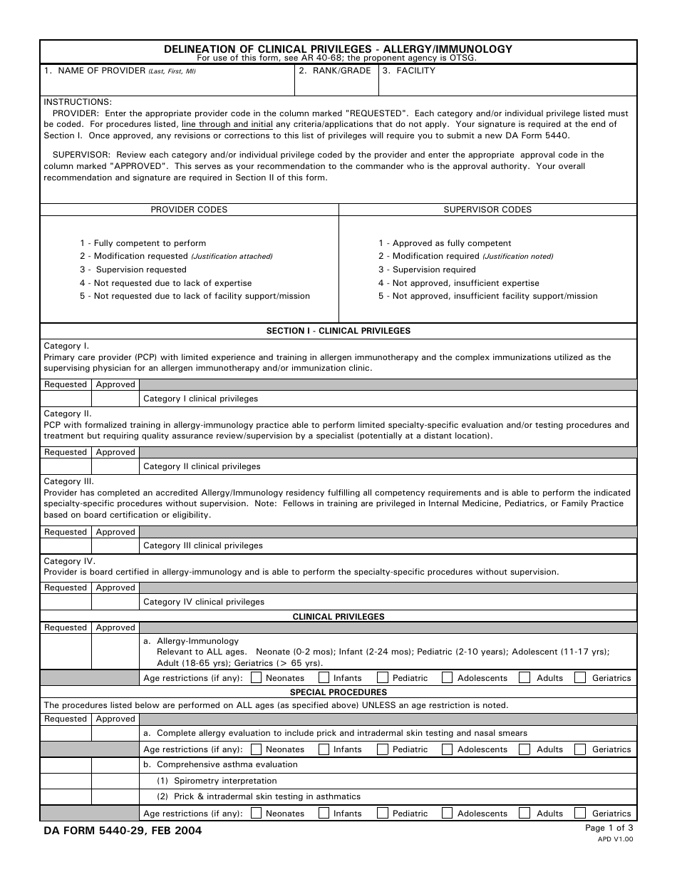 DA Form 5440-29 Delineation of Clinical Privileges -allergy / Immunology, Page 1