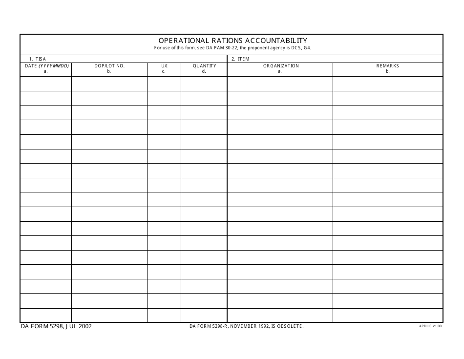 DA Form 5298 Operational Rations Accountability, Page 1