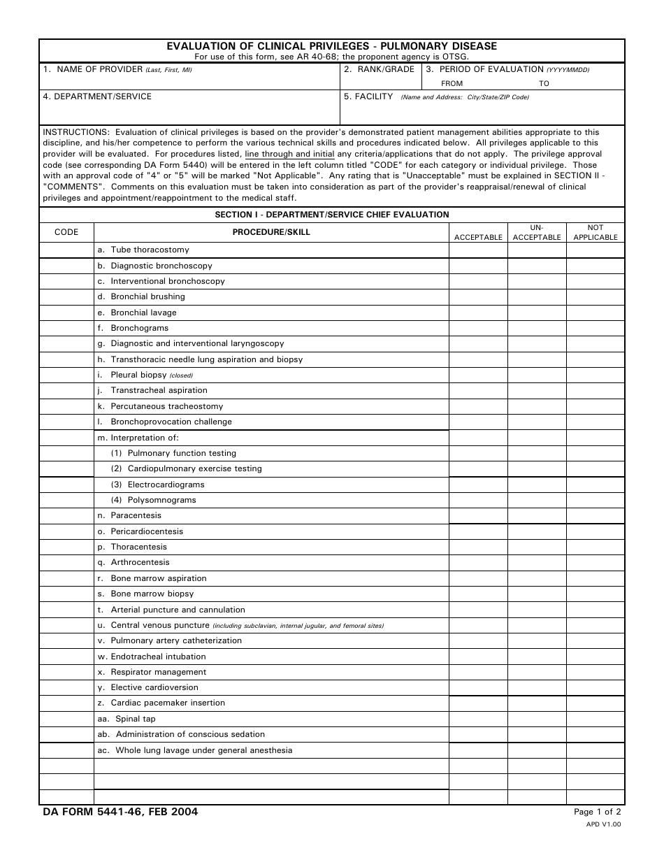 DA Form 5441-46 Evaluation of Clinical Privileges - Pulmonary Disease, Page 1