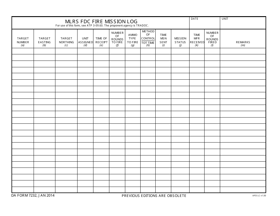DA Form 7232 Mlrs Fdc Fire Mission Log, Page 1