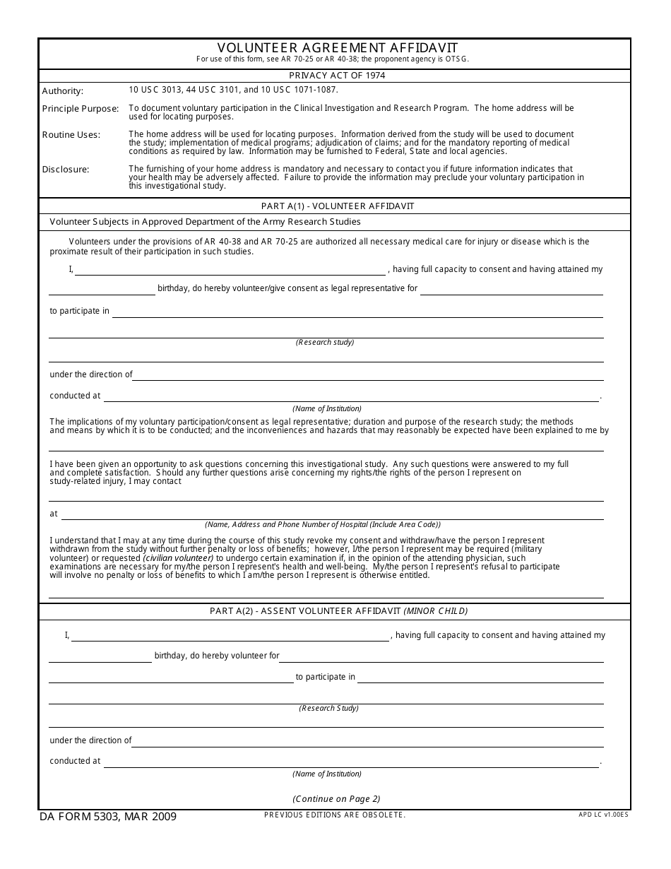DA Form 5303 Volunteer Agreement Affidavit, Page 1