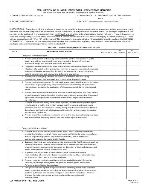 DA Form 5441-47 Evaluation of Clinical Privileges - Preventive Medicine