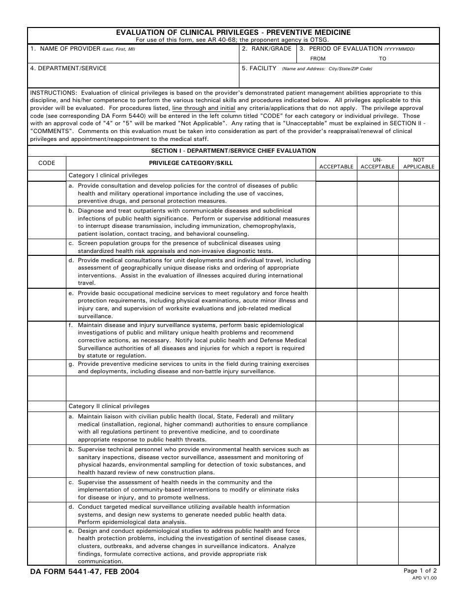 DA Form 5441-47 Evaluation of Clinical Privileges - Preventive Medicine, Page 1