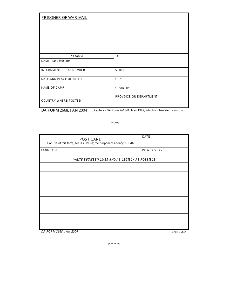 DA Form 2668 Prisoner of War Mail, Page 1