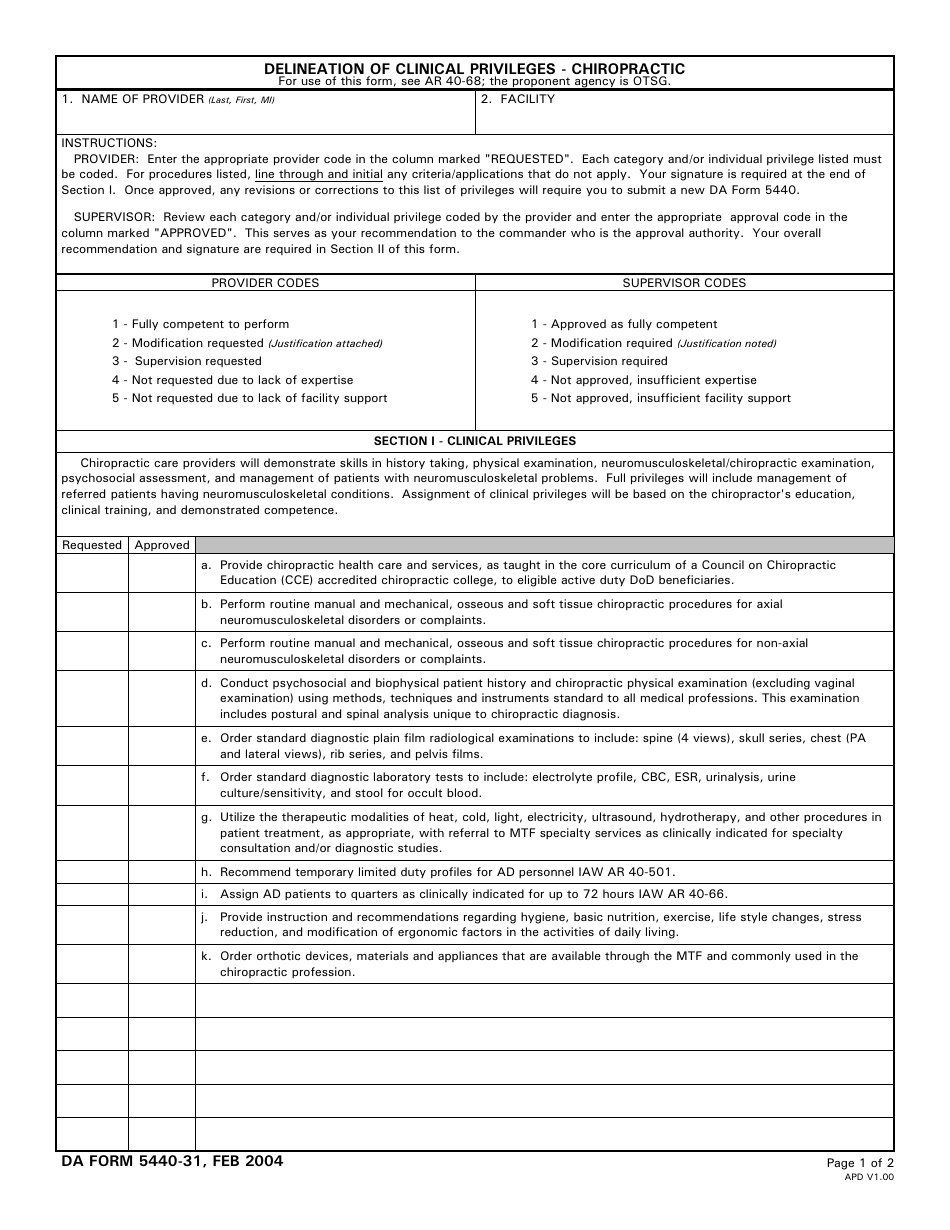 DA Form 5440-31 Delineation of Clinical Privileges - Chiropractic, Page 1