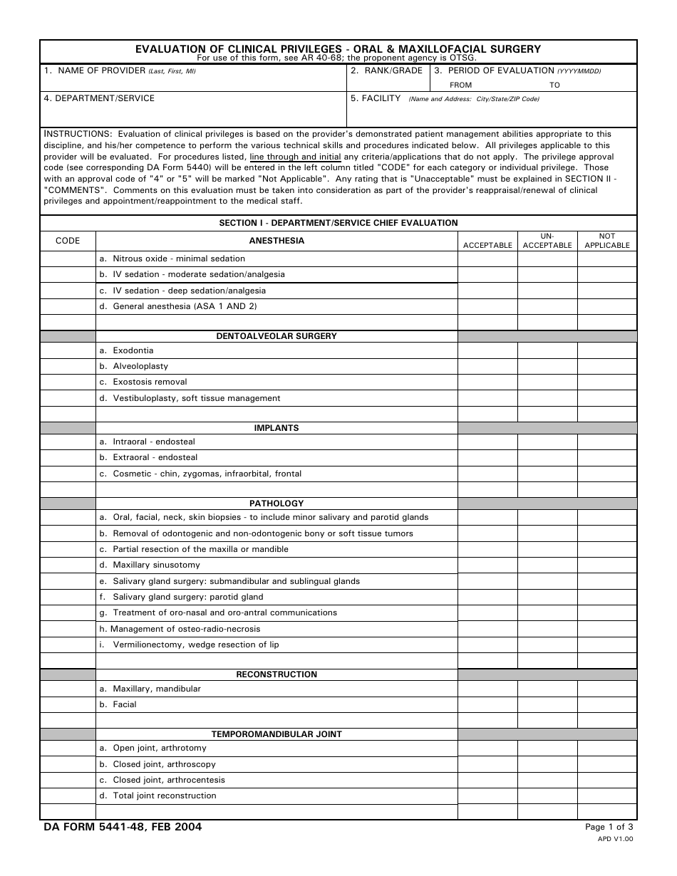 DA Form 5441-48 Evaluation of Clinical Privileges - Oral  Maxillofacial Surgery, Page 1