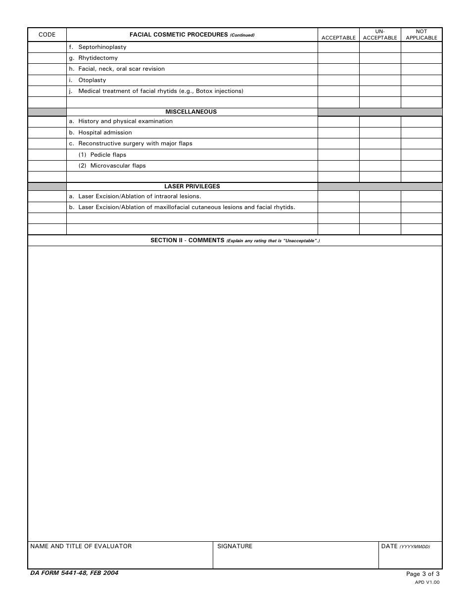 DA Form 5441-48 Evaluation of Clinical Privileges - Oral  Maxillofacial Surgery, Page 3