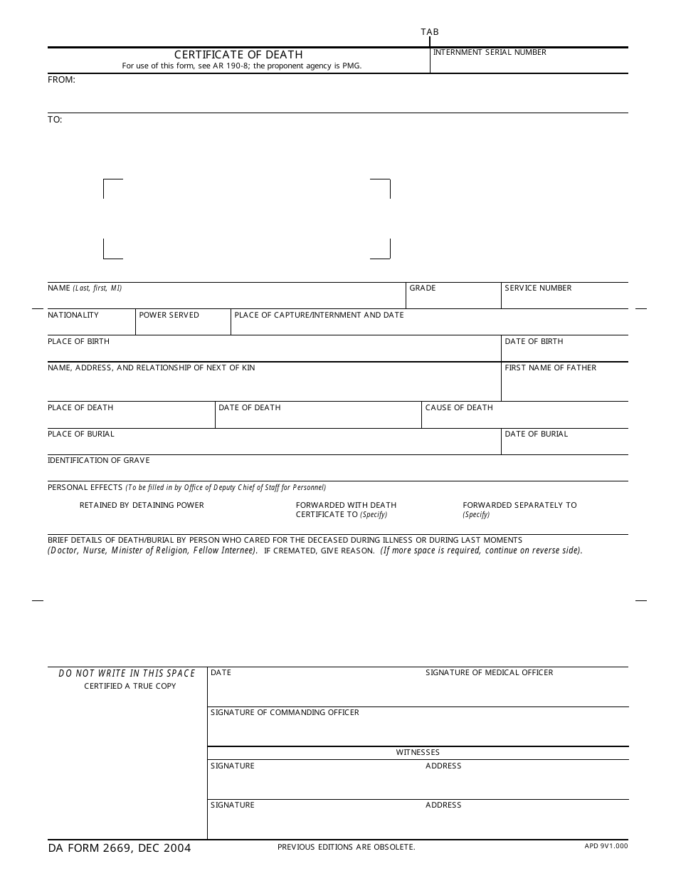 DA Form 2669 Certificate of Death, Page 1