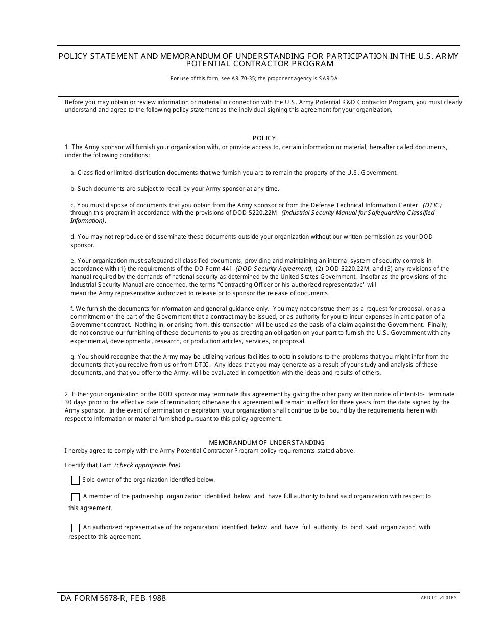 DA Form 5678-R Policy Statement and Memorandum of Understanding for Participation in the U.S. Army Potential Contractor Program, Page 1